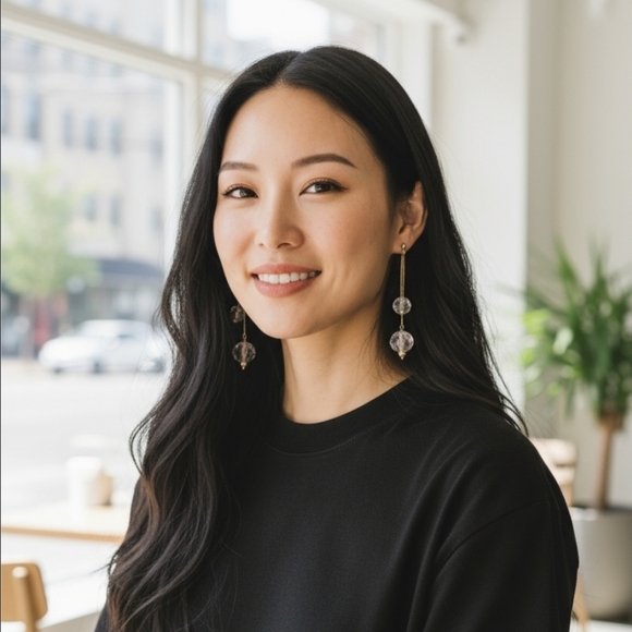 Gold dangling earrings with clear bead decor - Picture 1 of 3